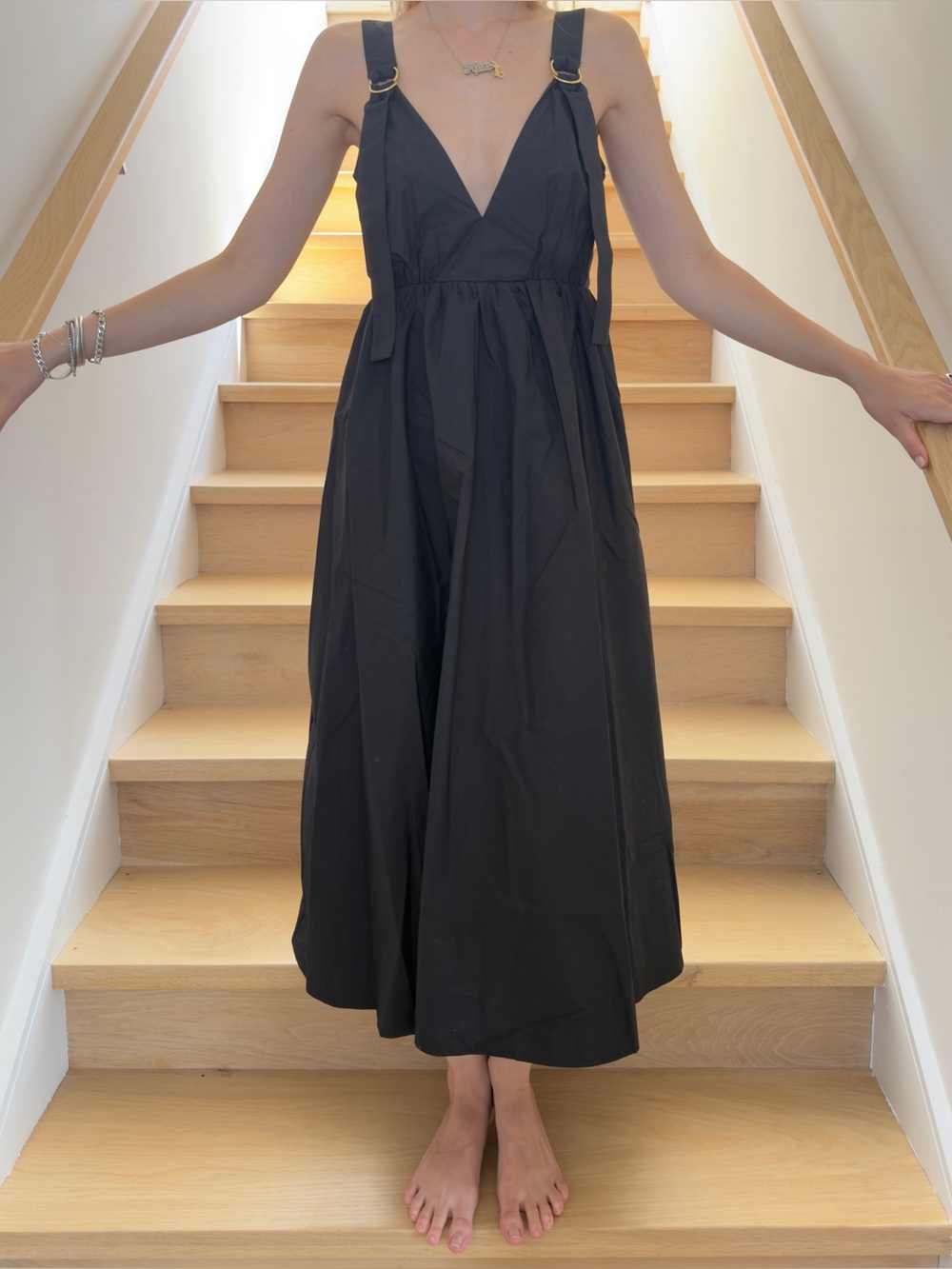 Commense Black Deep V Midi Dress with Adjustable Straps